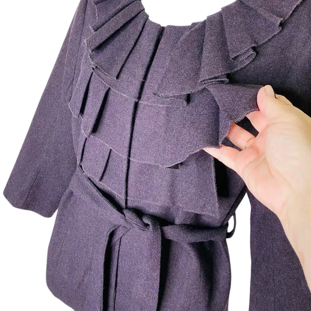 Ann Taylor Loft Jacket Women 12 Plum Wool Blend Ruffle Pleated Neck Belted Lined